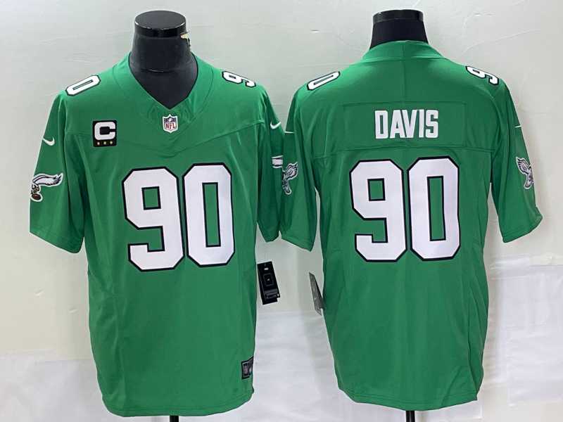 Mens Philadelphia Eagles #90 Jordan Davis Green C Patch 2023 FUSE Vapor Limited Throwback Stitched Jersey
